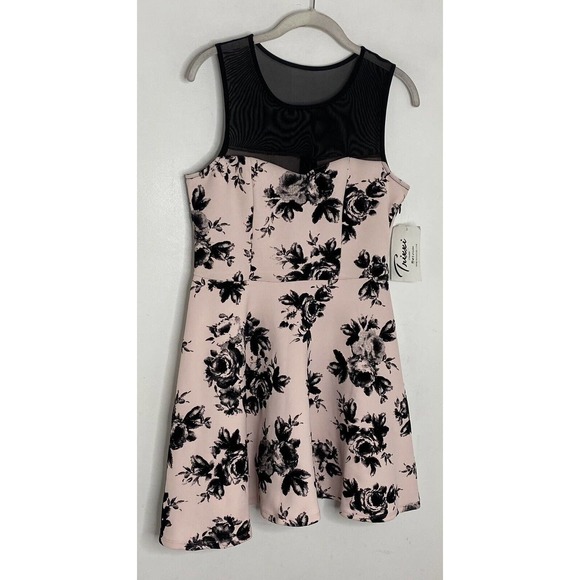 Trixxi Pink And Black Floral Formal Flare Dress Juniors Size Large New - Picture 2 of 5